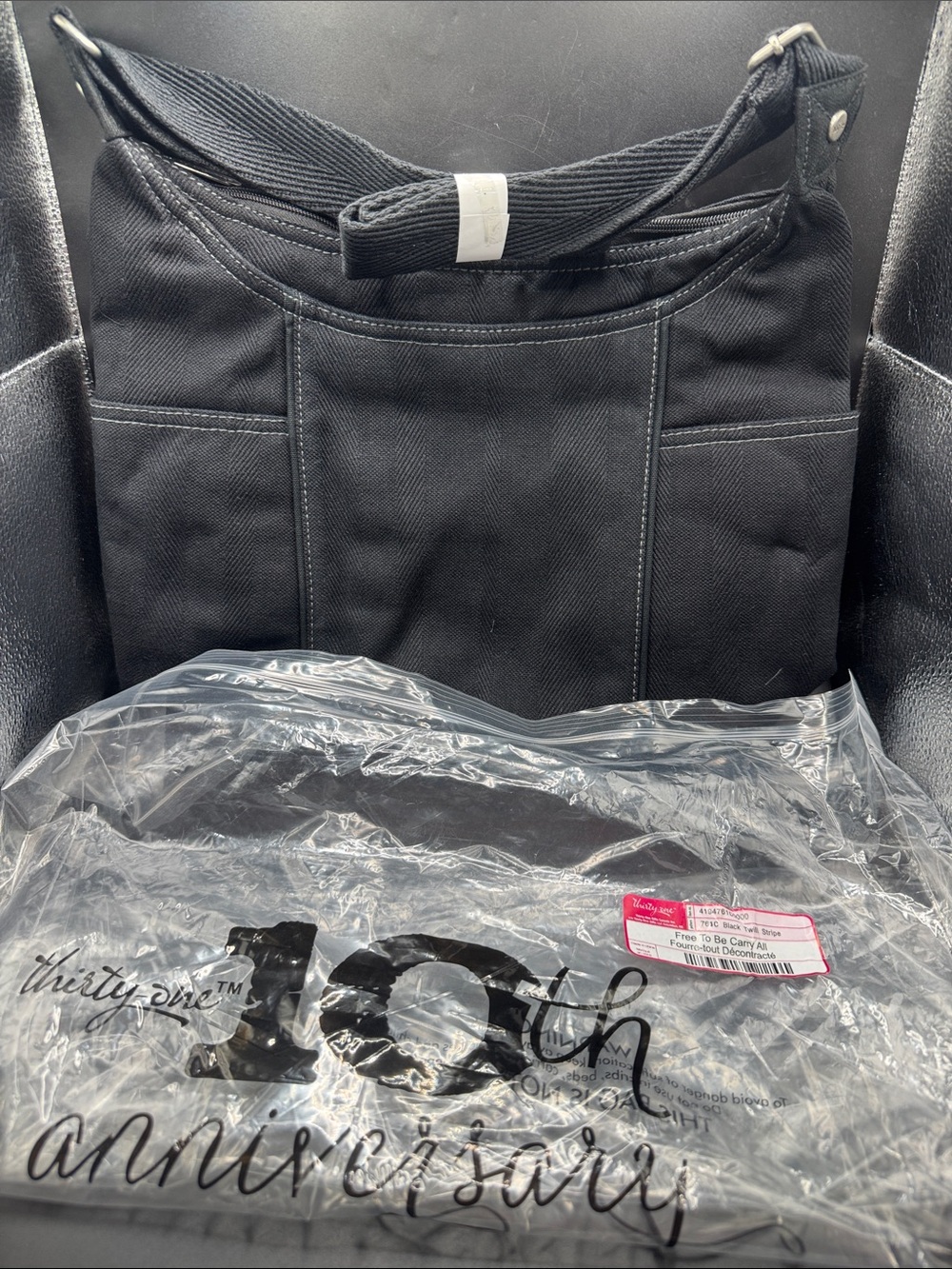 Thirty-One Black Canvas Crossbody Organizer Bag Black Twill Stripe